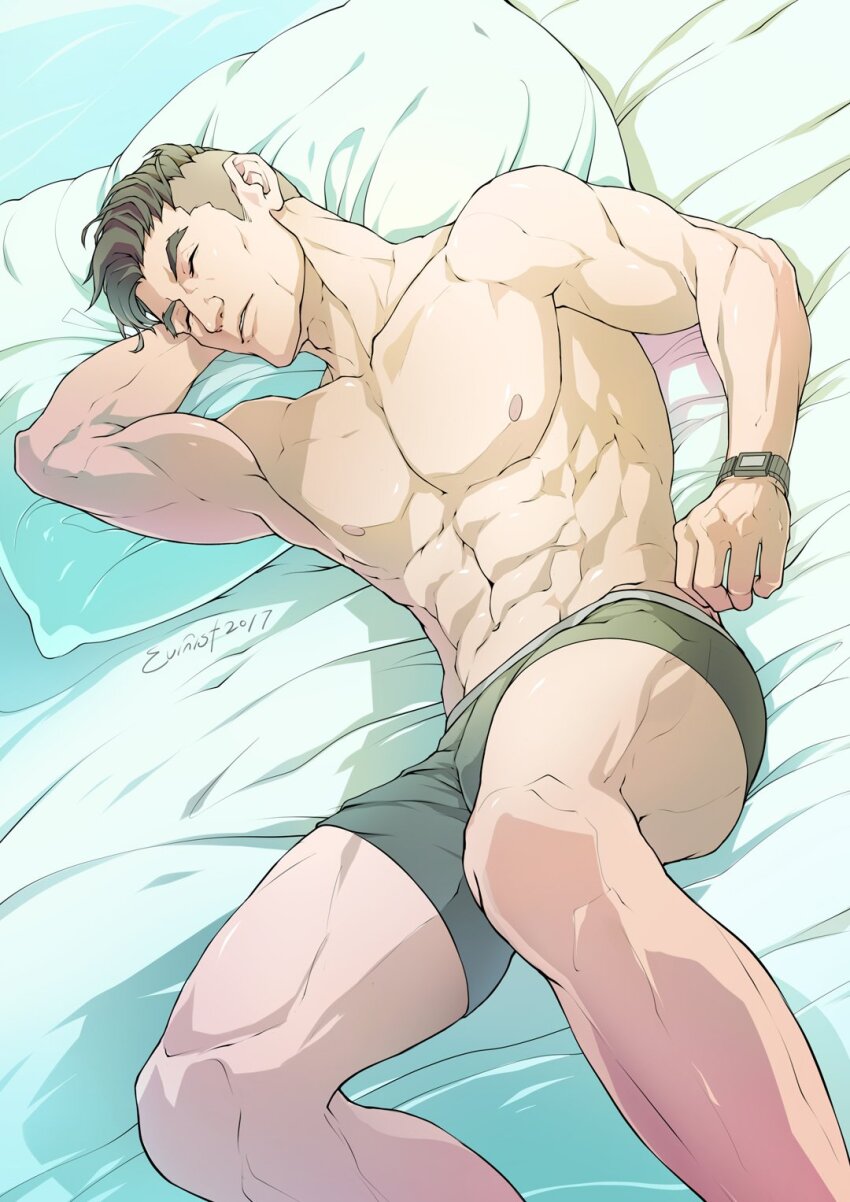 1boy, abs, artist_name, asymmetrical_hair, bara, bed, black_hair, black_male_underwear