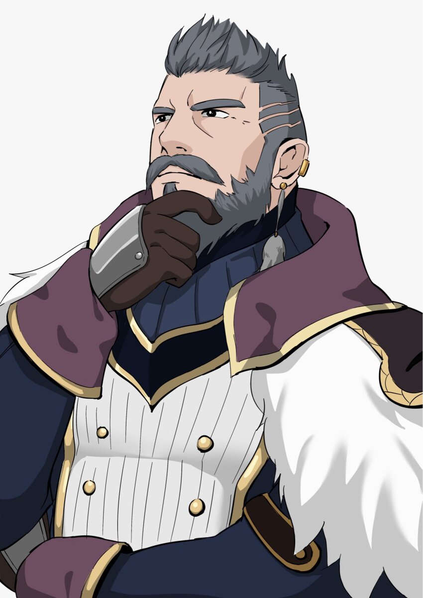 1boy, admiral_galleus_(monster_hunter), beard, black_eyes, brown_gloves, earrings, facial_hair, gloves, grey_hair, highres, jewelry, kansuke_(kansuke_717), long_sleeves, male_focus, monster_hunter_(series), monster_hunter_rise, mustache, simple_background, stroking_beard, thick_eyebrows, upper_body, white_background