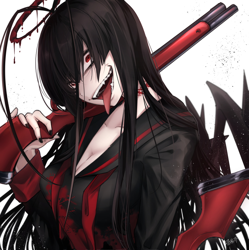 1girl, absurdres, bags_under_eyes, black_hair, black_nails, black_serafuku, black_shirt, blue_archive, cleavage_cutout, clothing_cutout, collarbone, gun, halo, highres, holding, holding_gun, holding_weapon, long_hair, long_sleeves, long_tongue, looking_at_viewer, nail_polish, neckerchief, nikki_kyousuke, open_mouth, red_eyes, red_neckerchief, school_uniform, serafuku, shirt, shotgun, simple_background, solo, teeth, tongue, tongue_out, tsurugi_(blue_archive), very_long_hair, weapon, white_background, winchester_model_1887