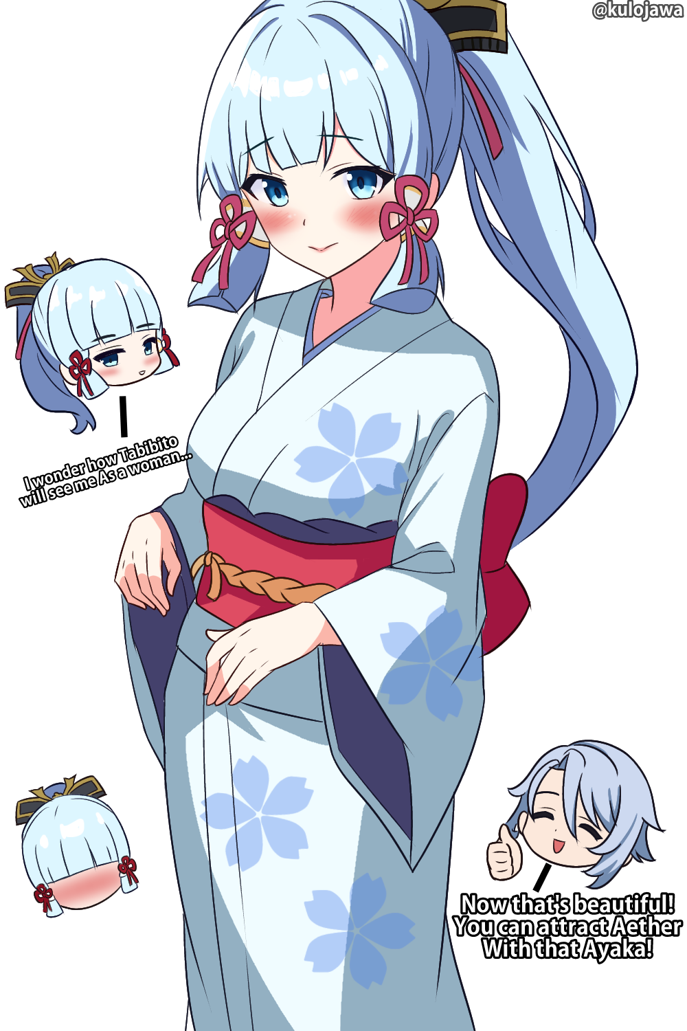 1boy, 1girl, aqua_eyes, ayaka_(genshin_impact), blue_yukata, blush, breasts, brother_and_sister