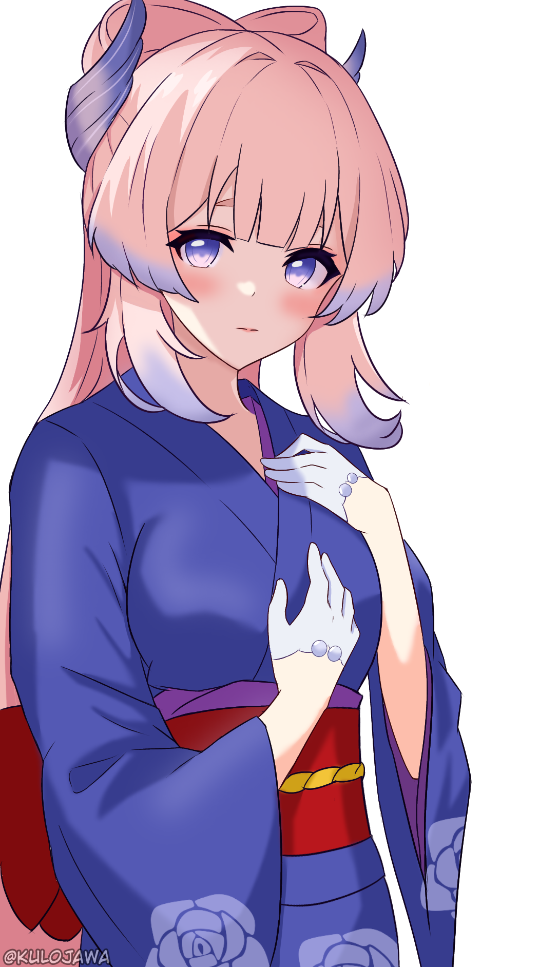 1girl, ahoge, blonde_hair, blue_yukata, blush, breasts, eyebrows_hidden_by_hair, eyelashes