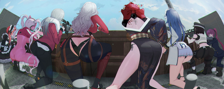 6+girls, absurdres, aiming, alice_(nikke), apron, ass, ass_cutout, blue_hair, bodysuit, bow, butt_crack, clothing_cutout, cocoa_(nikke), crop_top, dolla_(nikke), elias2art, exia_(nikke), formal_clothes, frima_(nikke), from_behind, goddess_of_victory:_nikke, grey_eyes, gun, hair_bow, hat, headphones, highres, holding, holding_gun, holding_weapon, jacket, long_hair, long_sleeves, maid, maid_apron, maid_headdress, milk_(nikke), multiple_girls, panties, pants, pink_hair, ponytail, purple_hair, red_bow, red_hair, rifle, sakura_(nikke), shoes, skirt, sniper_rifle, squatting, suit, underwear, weapon, white_hair, yulha_(nikke)