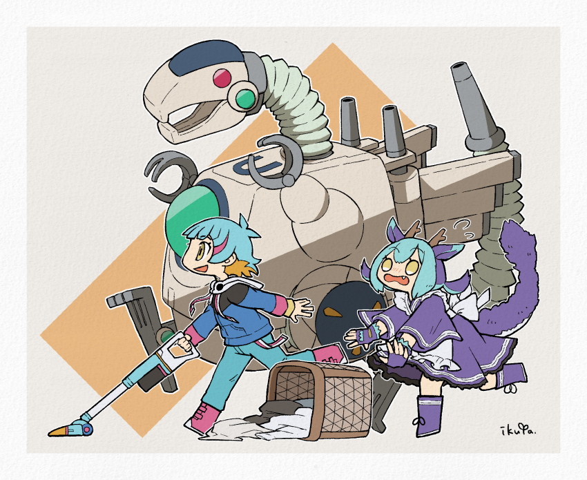 1boy, 1girl, appliancer_laundry_dragon, apron, blue_hair, blue_jacket, blue_pants, blush