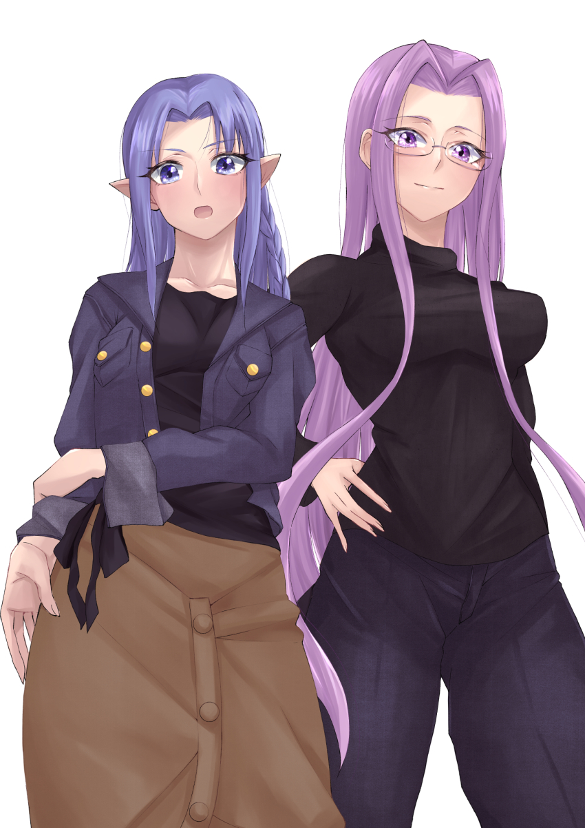 2girls, :o, black_shirt, blue_jacket, blue_pants, blush, brown_skirt, collarbone