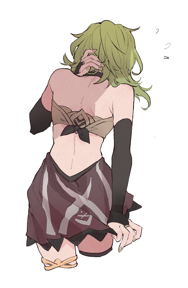 1girl, back, back_focus, collei_(genshin_impact), cropped_legs, elbow_gloves, erhuo, from_behind, genshin_impact, gloves, green_hair, highres, jewelry, skirt, skirt_tug, solo, thighlet, white_background