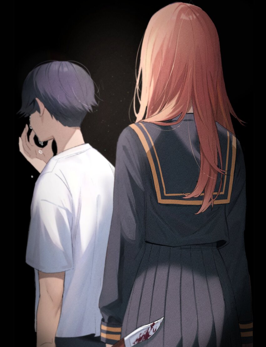 1boy, 1girl, absurdres, aged_down, black_background, black_hair, black_sailor_collar, black_serafuku