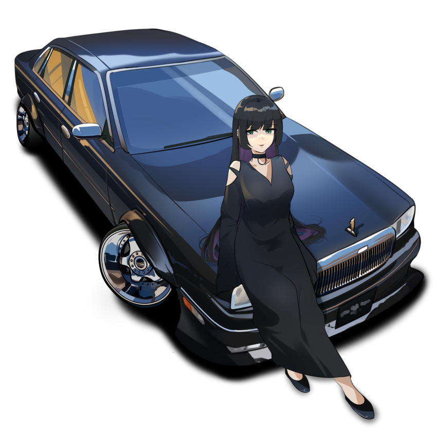 1girl, absurdres, black_choker, black_dress, black_footwear, black_hair, blunt_bangs, bocchi_the_rock!, car, choker, clothing_cutout, colored_inner_hair, commentary, dress, from_above, goth_fashion, green_eyes, highres, holeecrab, long_dress, long_hair, long_sleeves, motor_vehicle, multicolored_hair, nissan, nissan_president, pa-san, purple_hair, shoulder_cutout, simple_background, sleeves_past_fingers, sleeves_past_wrists, smile, solo, white_background, wide_shot