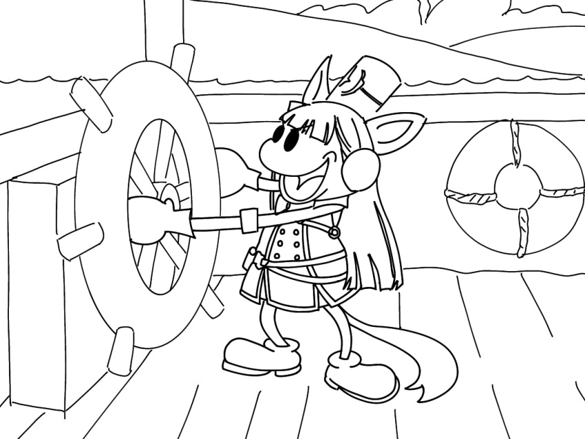 1920s_(style), 1girl, :d, animal_ears, blunt_bangs, gold_ship_(umamusume), greyscale, horse_ears