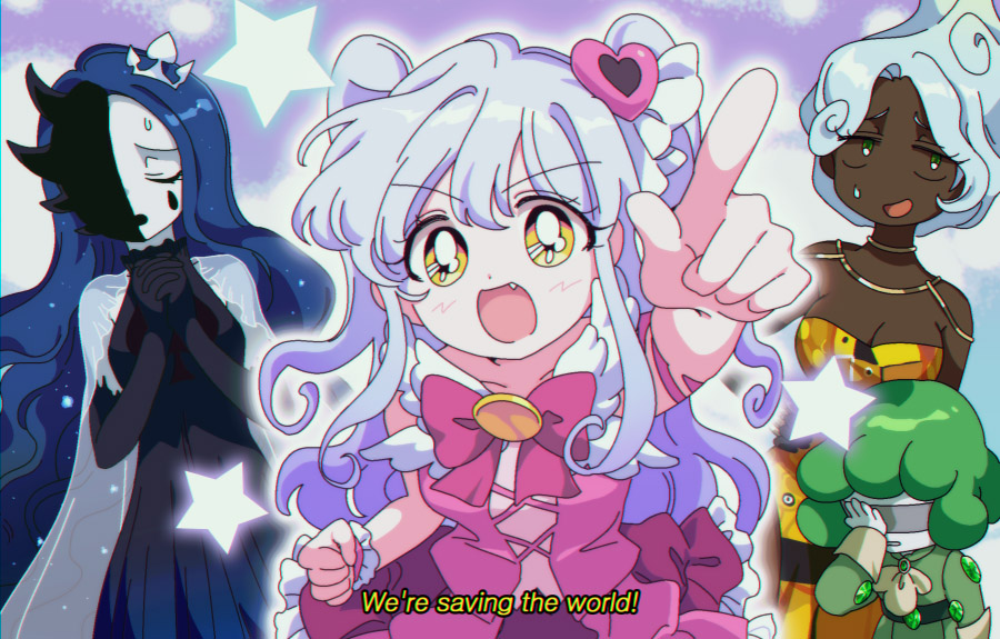 1990s_(style), 4girls, bbunny, black_dress, blue_hair, colored_skin, crown, dark-skinned_female