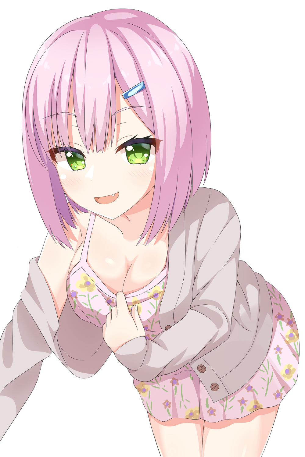 1girl, :d, blush, bob_cut, breasts, cleavage, collarbone, commentary