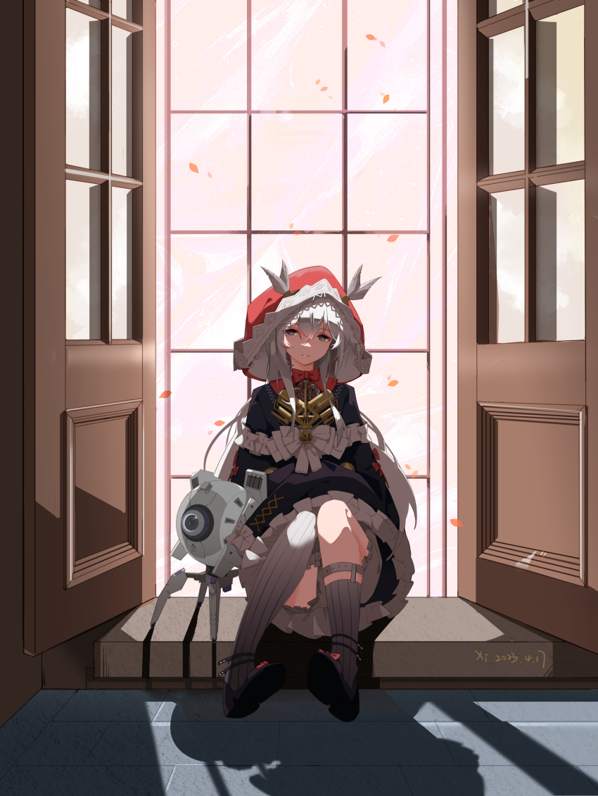 1girl, absurdres, alternate_costume, asymmetrical_legwear, black_dress, dated, dress, frilled_dress