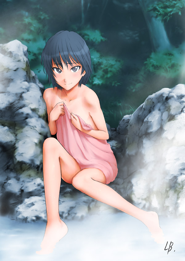 amagami, barefoot, blush, covering_privates, forest, lb, nanasaki_ai, nature