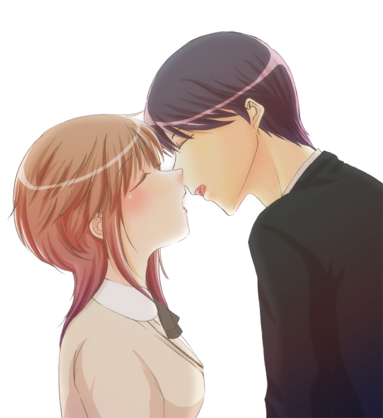 1boy, 1girl, ajapa0621, amagami, black_hair, blush, brown_hair, couple, closed_eyes, hetero, imminent_kiss, kiss, sakurai_rihoko, school_uniform, tachibana_jun'ichi