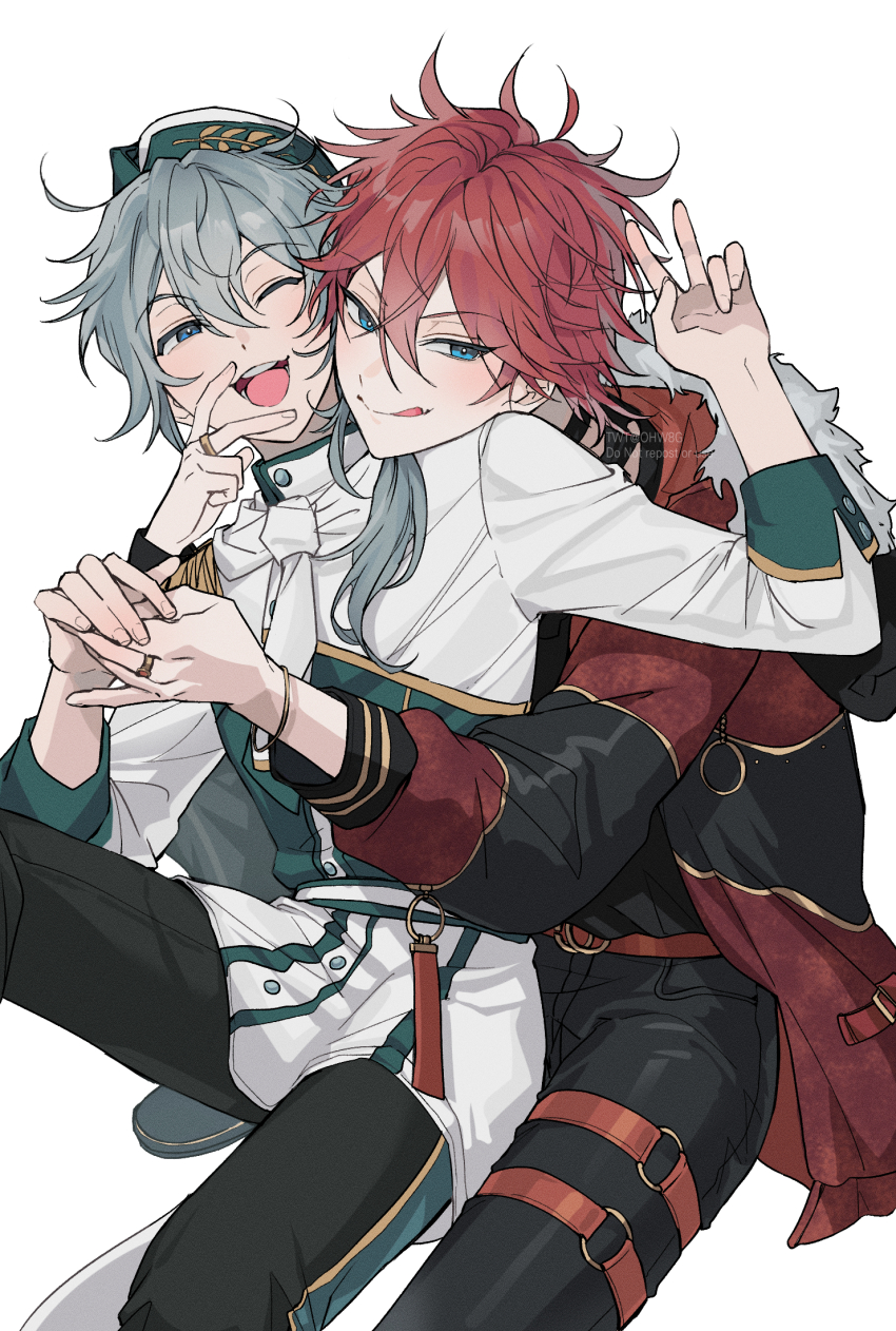 2boys, amagi_rinne, black_jacket, black_pants, blue_eyes, blush, ensemble_stars!, facing_viewer