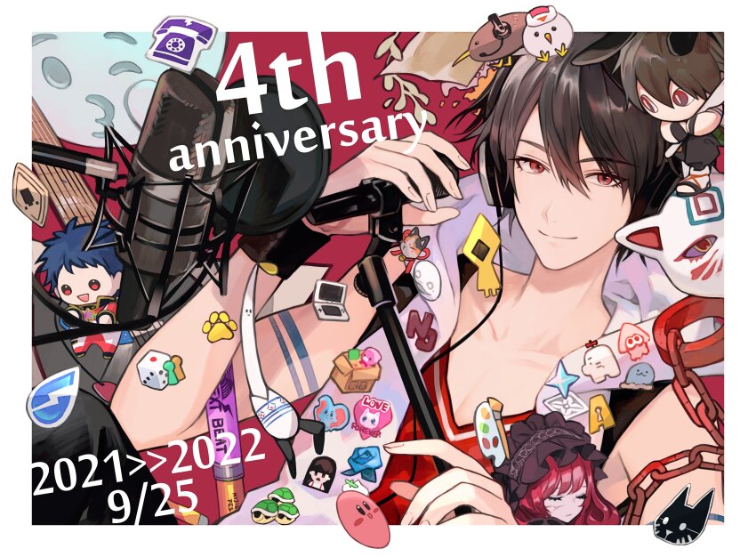 1boy, 2021, 2022, absurdres, anniversary, arm_tattoo, black_hair, border