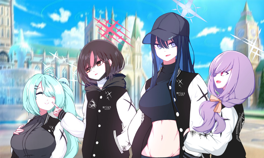 4girls, :d, absurdres, arius_squad_(blue_archive), atsuko_(blue_archive), bandaged_neck, bandages, baseball_cap, black_hair, black_headwear, black_jumpsuit, black_pants, black_shirt, blue_archive, blue_eyes, blue_hair, blue_sky, braid, breasts, closed_eyes, closed_mouth, cloud, collared_shirt, commentary_request, cowboy_shot, crop_top, day, flat_chest, groin, hair_between_eyes, hair_ornament, hair_over_one_eye, hair_ribbon, hairclip, halo, hand_in_pocket, hand_on_own_chest, hands_in_pockets, hat, highres, hiyori_(blue_archive), hood, hood_down, hooded_jacket, hyun_ha-ryeong, jacket, jumpsuit, korean_commentary, large_breasts, letterman_jacket, light_green_hair, locked_arms, long_hair, long_sleeves, looking_at_another, low_twin_braids, mask, medium_breasts, midriff, misaki_(blue_archive), mouth_mask, multicolored_hair, multicolored_jacket, multiple_girls, navel, no_mask, open_clothes, open_jacket, open_mouth, outdoors, pants, parted_bangs, purple_hair, red_eyes, ribbon, saori_(blue_archive), shaded_face, shirt, short_hair, side_ponytail, sidelocks, sky, smile, standing, twin_braids, two-tone_hair, two-tone_jacket, white_sleeves