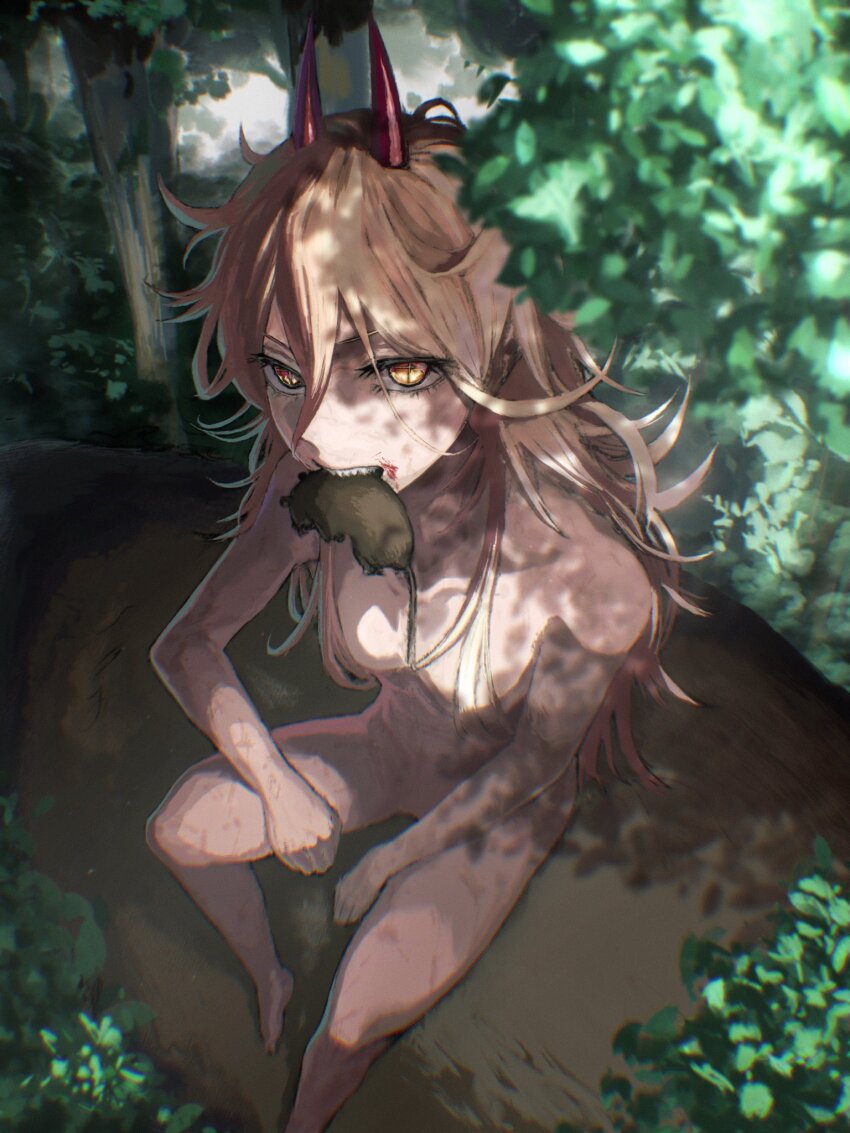 1girl, animal_in_mouth, barefoot, blood, blood_on_face, breasts, brown_hair, chainsaw_man, cross-shaped_pupils, dappled_sunlight, dirty, foreshortening, forest, convenient_hair, highres, horns, kota_2kx, long_hair, looking_at_viewer, messy_hair, mouse_(animal), nature, nude, power_(chainsaw_man), red_horns, small_breasts, solo, sunlight, symbol-shaped_pupils, yellow_eyes