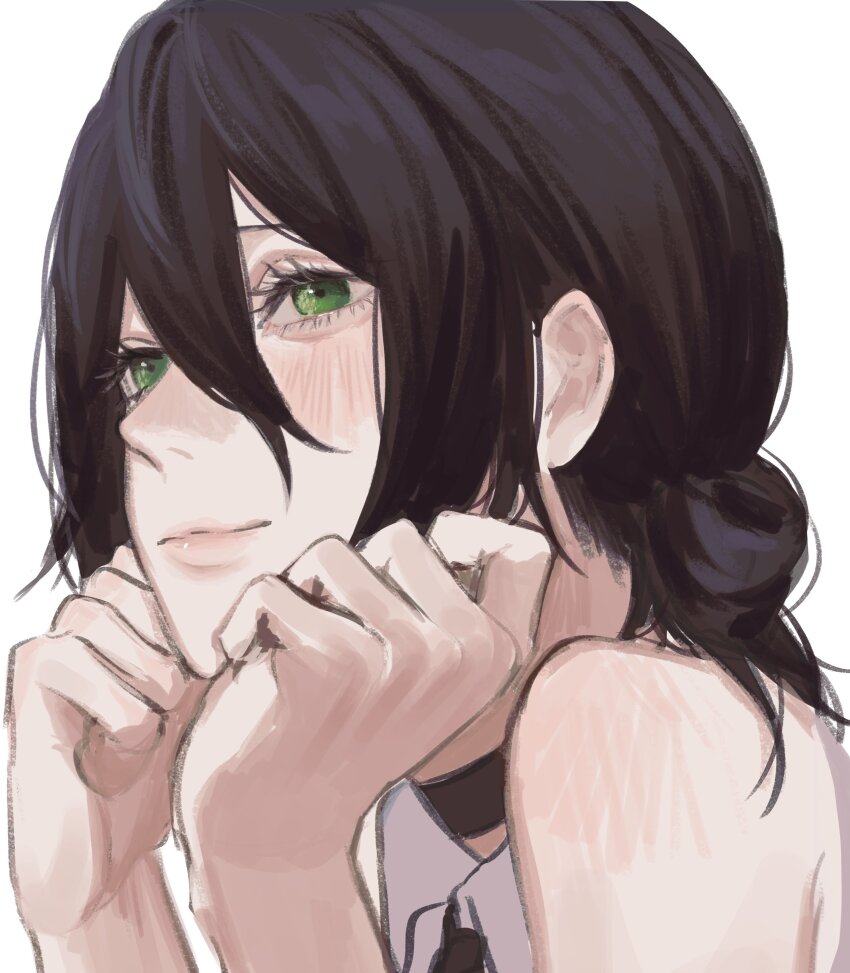 1girl, absurdres, black_choker, black_hair, blush, chainsaw_man, choker, collared_shirt