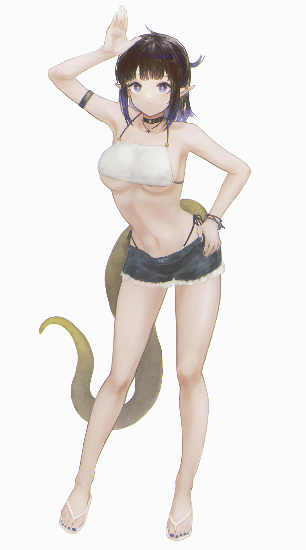 1girl, aiv, arknights, arm_strap, arm_up, bare_arms, bare_legs, bare_shoulders, black_choker, black_hair, black_shorts, blue_eyes, blue_hair, blue_nails, breasts, camisole, choker, commentary, crop_top, cutoffs, eunectes_(arknights), full_body, hand_on_own_hip, highres, large_breasts, looking_at_viewer, midriff, multicolored_hair, nail_polish, navel, pointy_ears, sandals, short_hair, short_shorts, shorts, simple_background, smile, snake_tail, solo, standing, stomach, tail, toenail_polish, toenails, underboob, white_background