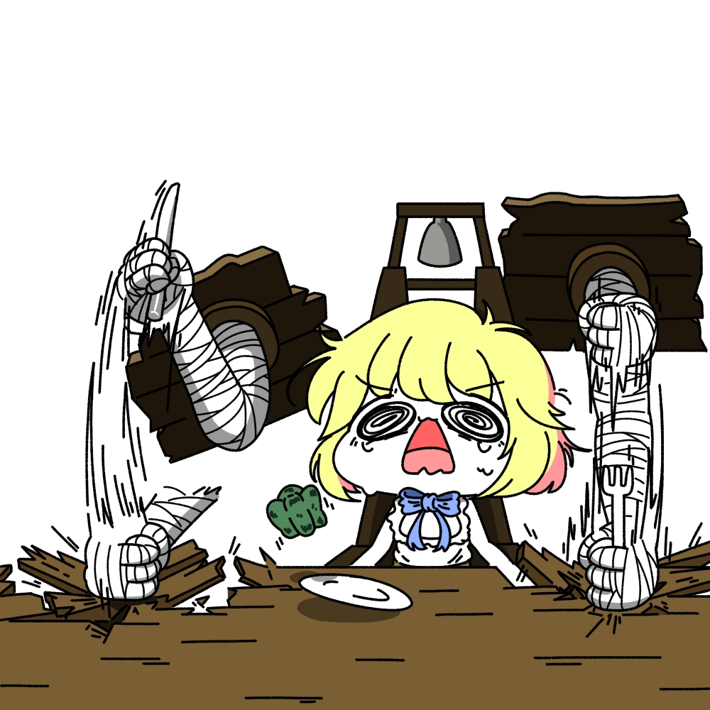 1girl, @_@, bell, blonde_hair, breaking, chocochilla456, commentary_request, crying, food, guardian_tales, korean_commentary, open_mouth, short_hair, simple_background, sitting, solo, table, the_bound_child_clara, upper_body, vegetable, white_background