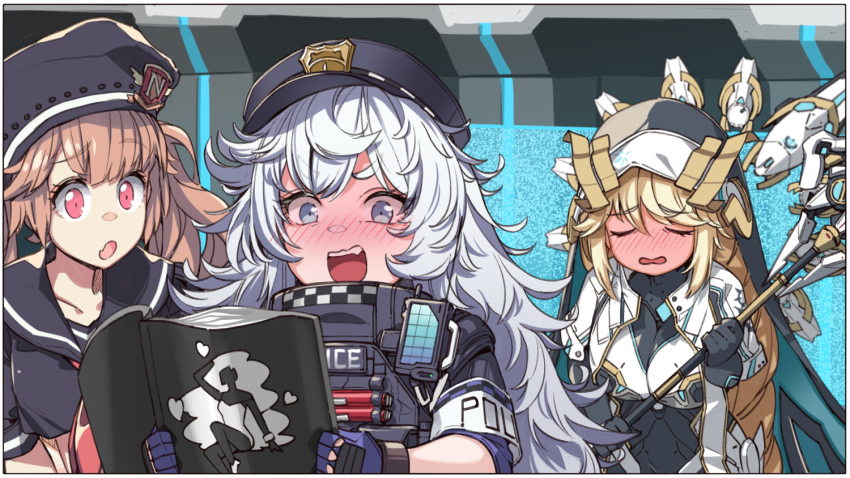 3girls, armband, armored_bodysuit, black_gloves, black_headwear, black_robe, black_sailor_collar, black_shirt, blonde_hair, blue_eyes, blush, bodysuit, braid, breasts, brown_hair, cleavage, closed_eyes, collarbone, commentary_request, cowboy_shot, crop_top, cropped_shirt, detached_wings, fang, full-face_blush, gloves, goddess_of_victory:_nikke, habit, hat, holding, holding_staff, large_breasts, long_braid, long_hair, magazine_(object), mechanical_wings, miranda_(nikke), multiple_girls, neckerchief, nose_blush, nun, nun_headdress, open_mouth, poli_(nikke), police, police_hat, police_uniform, policewoman, pornography, rapunzel_(nikke), reading, red_neckerchief, robe, sailor_collar, see-through_cleavage, see-through_clothes, shirt, short_sleeves, sidelocks, skin_fang, staff, standing, tenbin_gashira, twintails, very_long_hair, walkie-talkie, wavy_hair, weapon, white_bodysuit, white_hair, wings