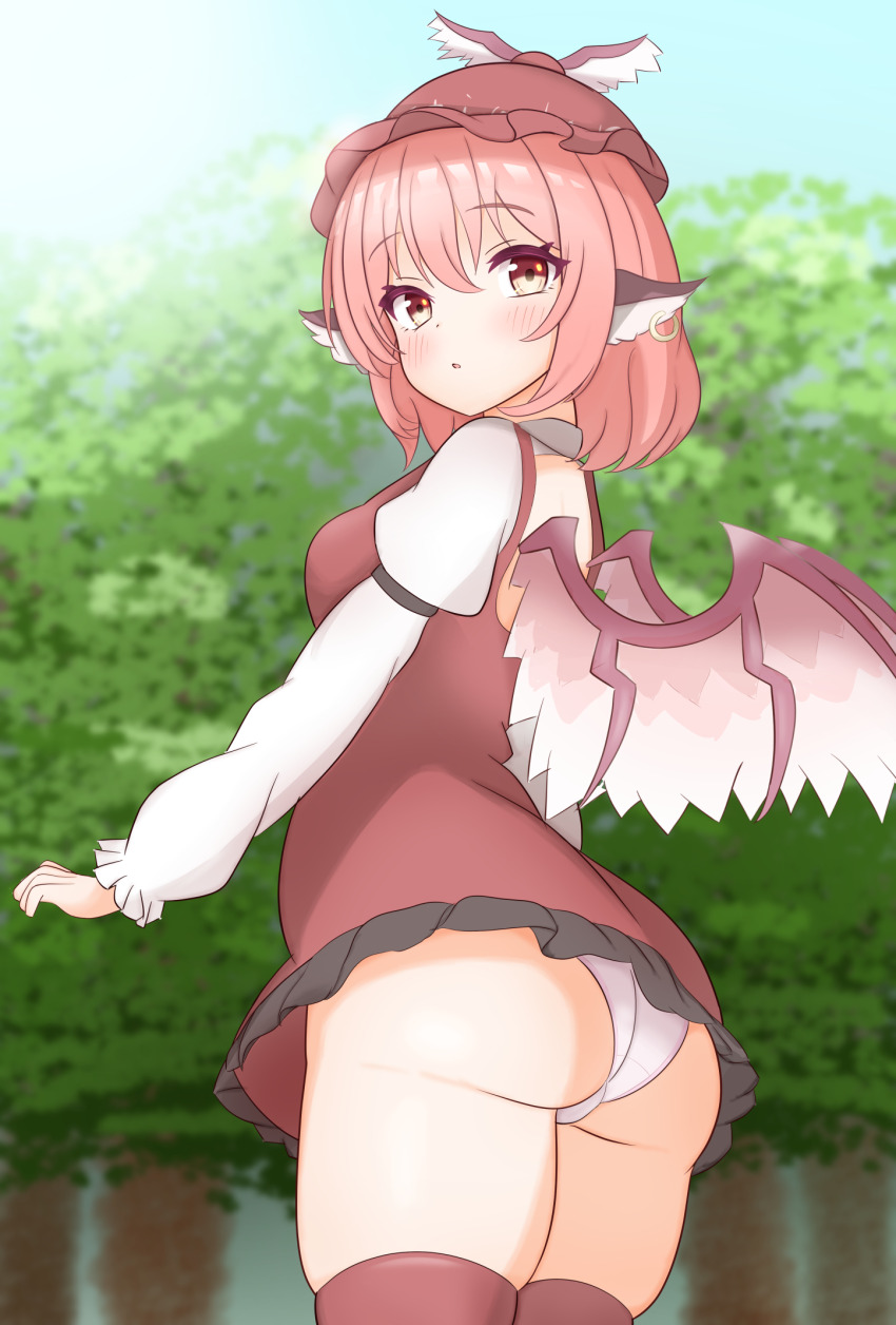 1girl, animal_ears, ass, bird_ears, bird_wings, blush, brown_dress, brown_hat