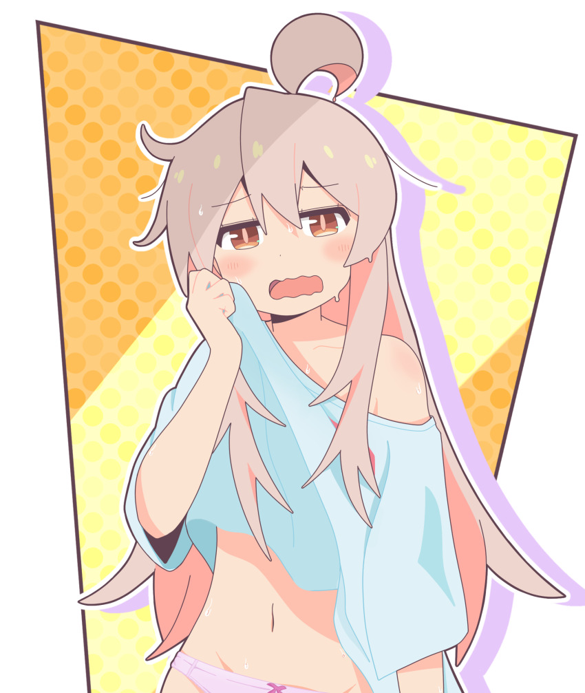 1girl, ahoge, bare_shoulders, blue_shirt, brown_eyes, brown_hair, clothes_lift, collarbone, goron_(phde2424), highres, hot, lifting_own_clothes, long_hair, looking_at_viewer, navel, off-shoulder_shirt, off_shoulder, onii-chan_wa_oshimai!, open_mouth, oyama_mahiro, panties, pink_panties, shirt, shirt_lift, solo, stomach, sweat, sweatdrop, two-tone_background, underwear, wavy_mouth, white_background, wiping_face, wiping_with_clothes