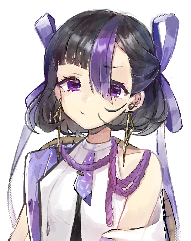 1girl, :o, asymmetrical_bangs, black_hair, coat, earrings, goddess_of_victory:_nikke, gold_earrings, hair_ribbon, jewelry, mole, mole_under_eye, multicolored_hair, multicolored_shirt, necktie, off_shoulder, parted_lips, petite, purple_coat, purple_eyes, purple_hair, purple_necktie, ribbon, shirt, short_hair, short_necktie, simple_background, sleeveless, solo, streaked_hair, syuen_(nikke), two-tone_hair, umesasami, white_background, white_shirt