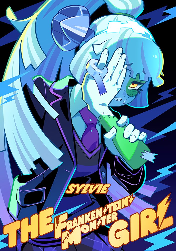 1girl, black_background, black_vest, blue_hair, blue_skin, bone, buttons, colored_skin