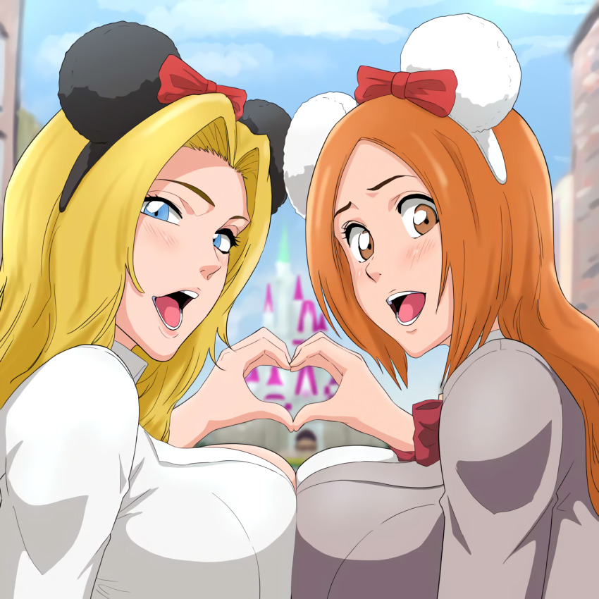 bleach, blonde_hair, blush, breast_press, breasts, highres, inoue_orihime, iwao178, karakura_high_school_uniform, large_breasts, matsumoto_rangiku, multiple_girls, open_mouth, strawberry_blonde, symmetrical_docking, tagme