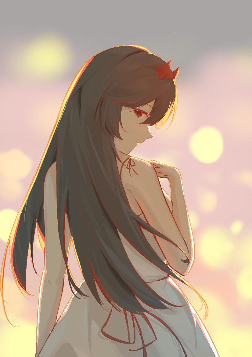 1girl, bare_shoulders, brown_hair, closed_mouth, dress, fake_horns, from_behind, horns