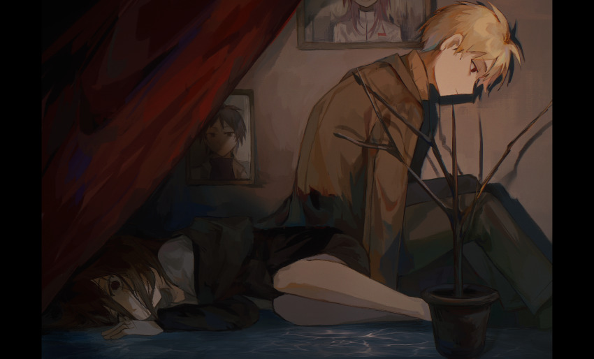2boys, atou_haruki, black_jacket, black_pants, blonde_hair, brown_hair, brown_jacket, brown_shorts, brown_sweater, chinese_commentary, commentary_request, curtains, highres, indoors, isoi_haruki, jacket, long_sleeves, lying, male_focus, multiple_boys, on_side, pants, plant, portrait_(object), potted_plant, red_eyes, saibou_shinkyoku, shirt, short_hair, shorts, sitting, spoilers, sweater, tatsujin_show, turtleneck, turtleneck_sweater, white_shirt