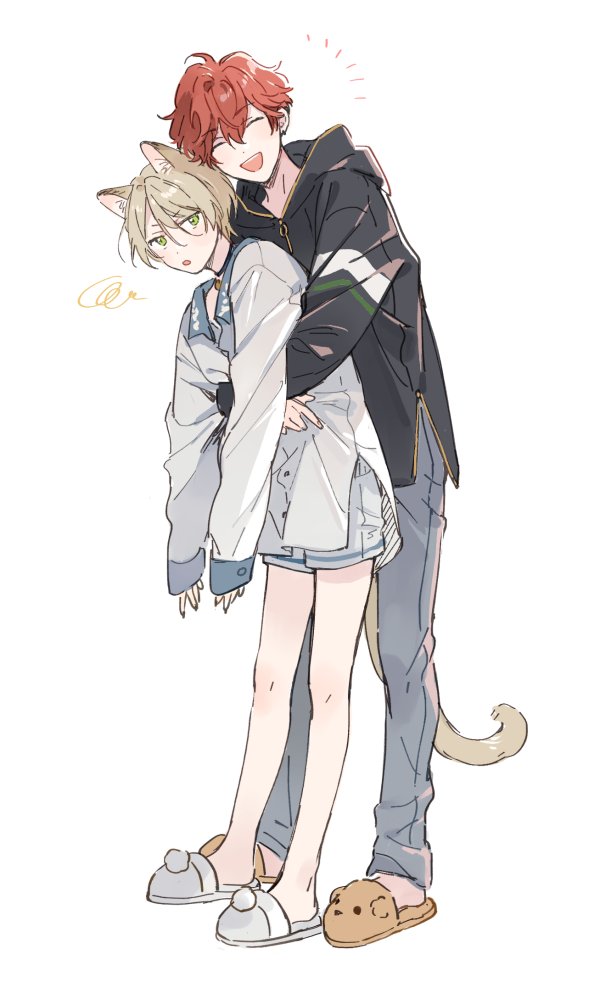 2boys, amagi_hiiro, animal_ears, animal_slippers, bear_slippers, blonde_hair, buttons, cat_boy