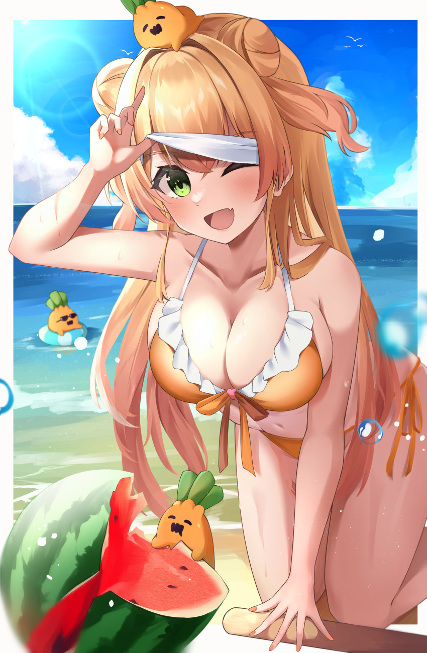 absurdres, all_fours, beach, bikini, blindfold, breasts, cet_(hajisirazunoko), cleavage