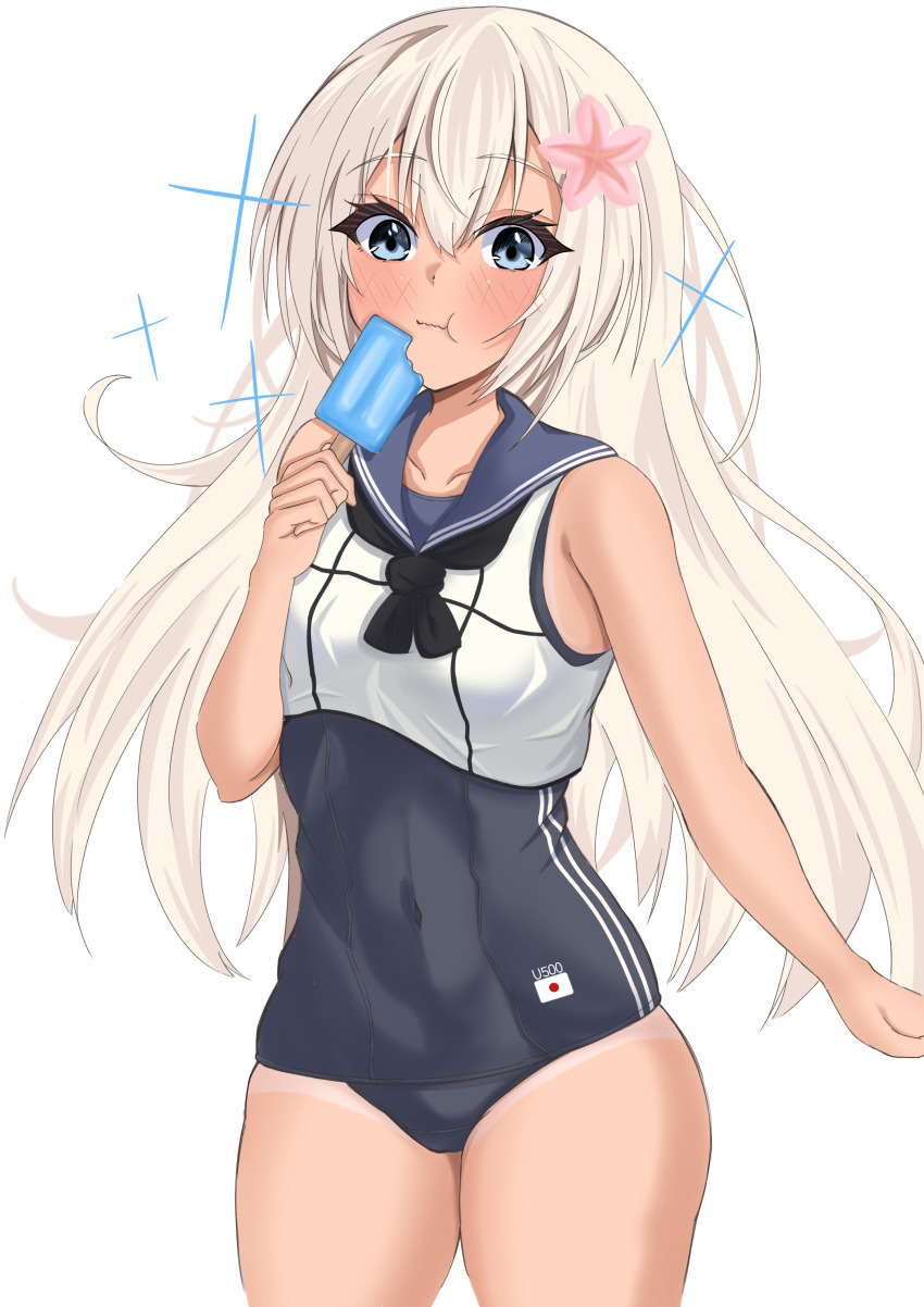 1girl, absurdres, black_neckerchief, black_one-piece_swimsuit, blonde_hair, blue_eyes, blue_sailor_collar, cowboy_shot