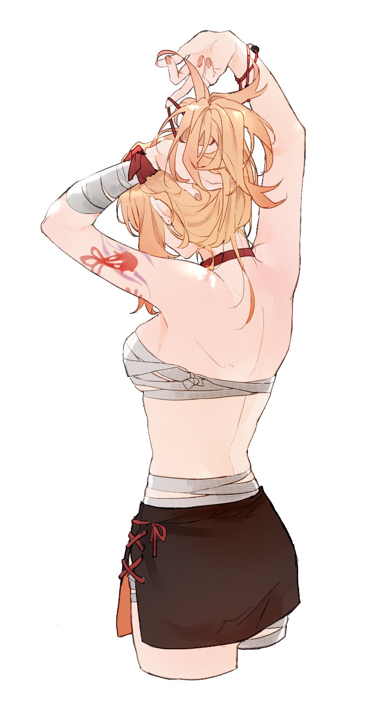 1girl, arm_tattoo, arms_up, back, bandaged_arm, bandaged_leg, bandages, black_skirt, blonde_hair, bracelet, breasts, chest_sarashi, choker, cropped_legs, erhuo, fish_tattoo, from_behind, genshin_impact, highres, jewelry, medium_breasts, nape, orange_nails, partially_undressed, red_choker, sarashi, sideboob, simple_background, skirt, solo, tattoo, tying_hair, white_background, wrist_wrap, yoimiya_(genshin_impact)