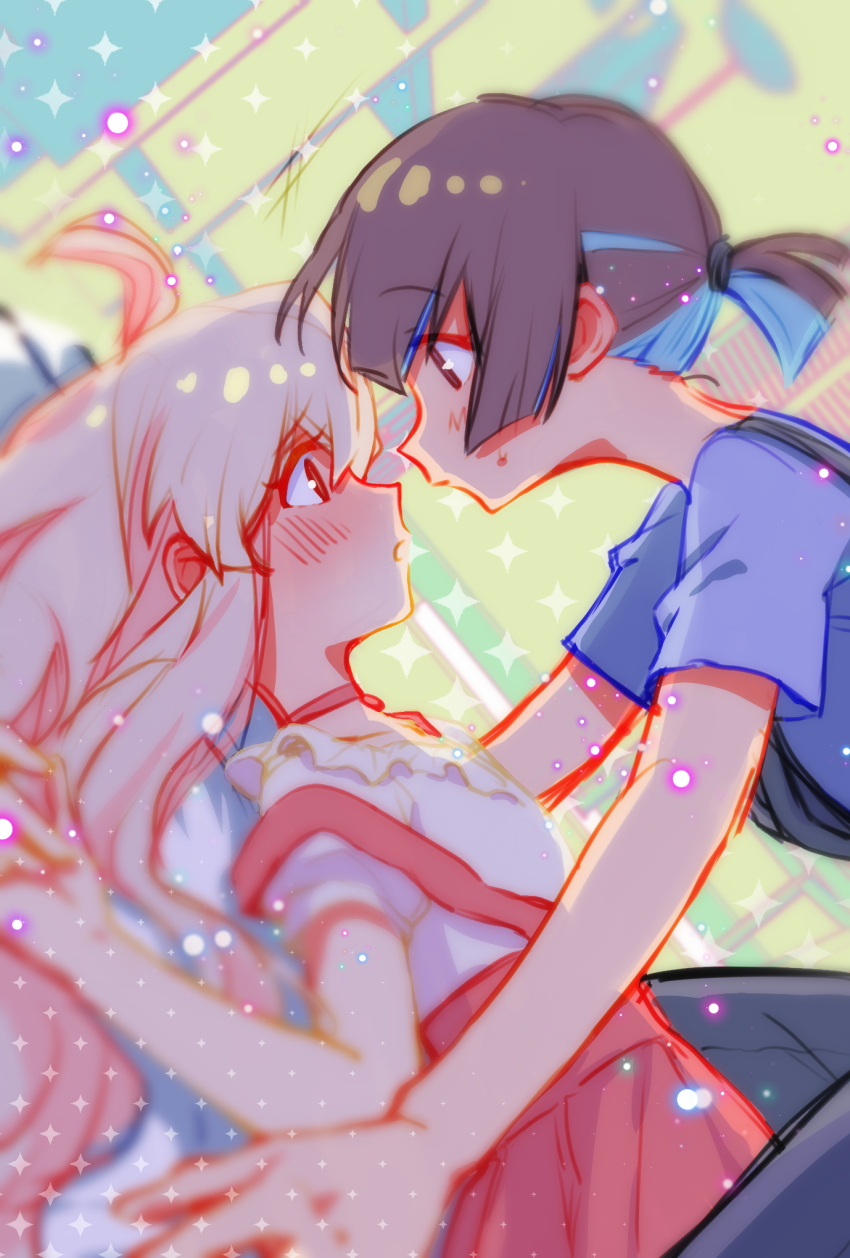 2girls, ahoge, all_fours, blush, brown_hair, eye_contact, highres, hozuki_momiji, long_hair, looking_at_another, lying, multicolored_hair, multiple_girls, on_back, onii-chan_wa_oshimai!, oyama_mahiro, ponytail, sagi, short_hair, short_ponytail, skirt, suspender_skirt, suspenders, yuri