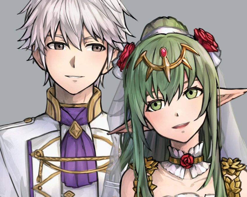 1boy, 1girl, bridal_veil, brown_eyes, collarbone, dress, fire_emblem, fire_emblem_awakening, fire_emblem_heroes, formal_clothes, green_eyes, green_hair, grey_hair, hair_ornament, highres, husband_and_wife, male_robin_(fire_emblem), nintendo, official_alternate_costume, pointy_ears, ponytail, male_robin_(groom)_(fire_emblem), smile, suit, tiki_(adult)_(bridal)_(fire_emblem), tiki_(adult)_(fire_emblem), tiki_(fire_emblem), upper_body, veil, wedding_dress, zuzu_(ywpd8853)