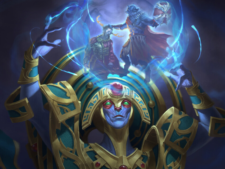 3boys, arms_up, artifact_(game), blue_skin, bracer, cape, character_request, cheekbones