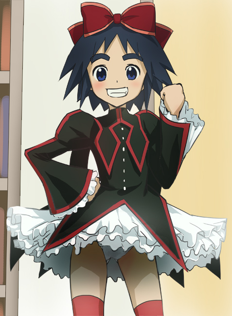 1girl, black_hair, blush, clenched_hands, clenched_teeth, dress, frilled_skirt, frilled_sleeves