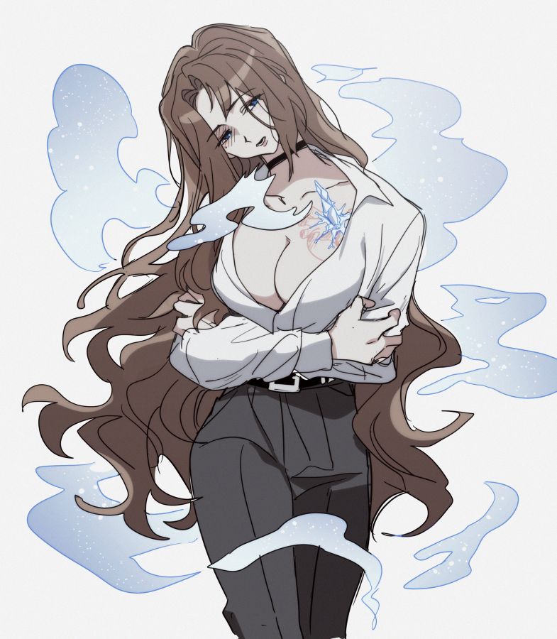 1girl, bbunny, belt, black_belt, black_choker, black_pants, blue_eyes, breasts