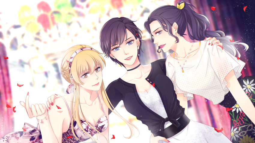3girls, arm_around_another's_waist, arm_around_shoulder, black_choker, black_hair, black_shirt, black_skirt, blonde_hair