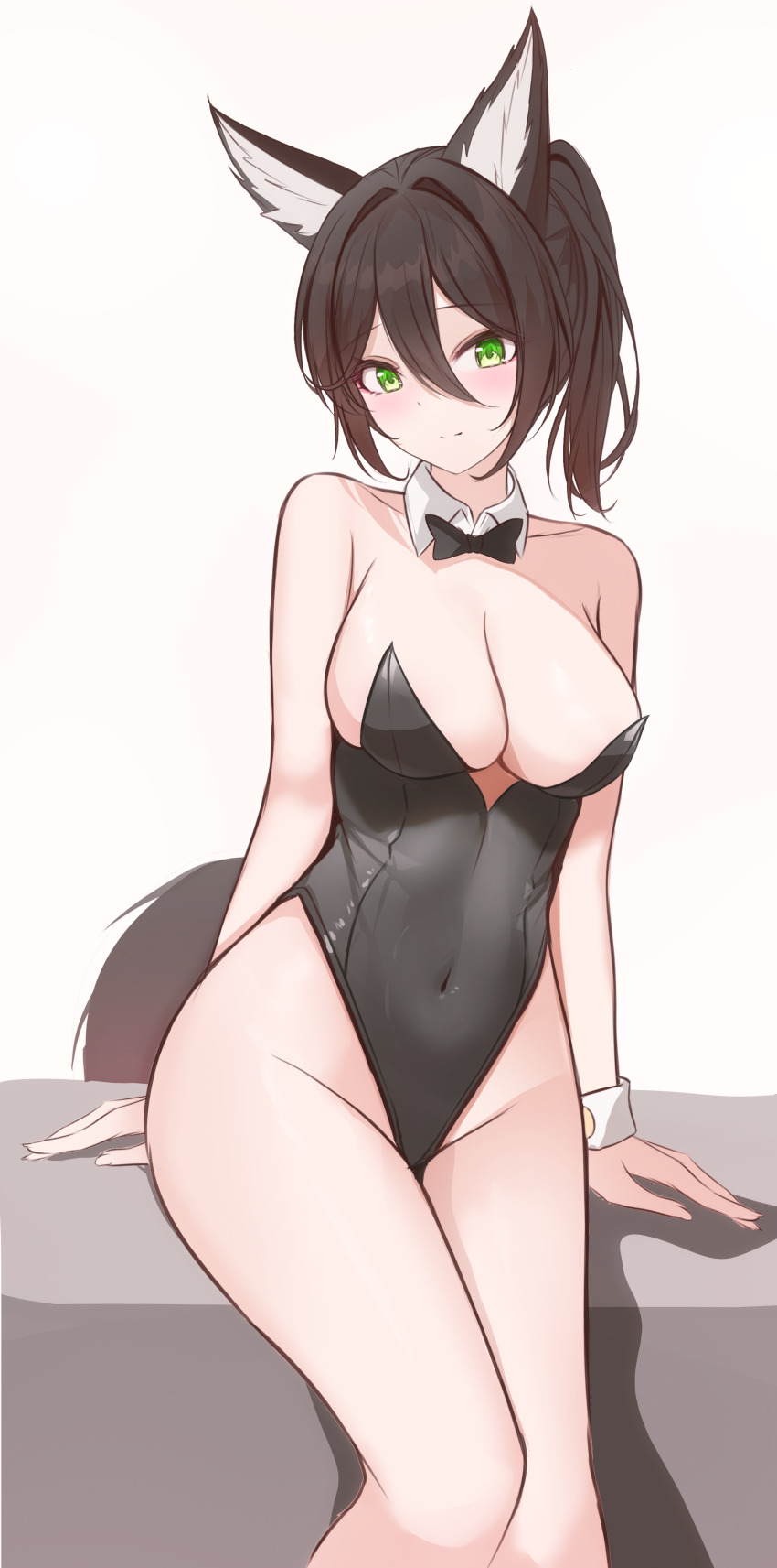 1girl, absurdres, alternate_costume, animal_ears, bare_shoulders, bow, bowtie, breasts, brown_hair, cleavage, detached_collar, fox_ears, green_eyes, hair_between_eyes, highleg, highleg_leotard, highres, honkai:_star_rail, honkai_(series), keystone_(costone), large_breasts, leotard, long_hair, looking_at_viewer, playboy_bunny, ponytail, solo, strapless, strapless_leotard, tingyun_(honkai:_star_rail), wrist_cuffs