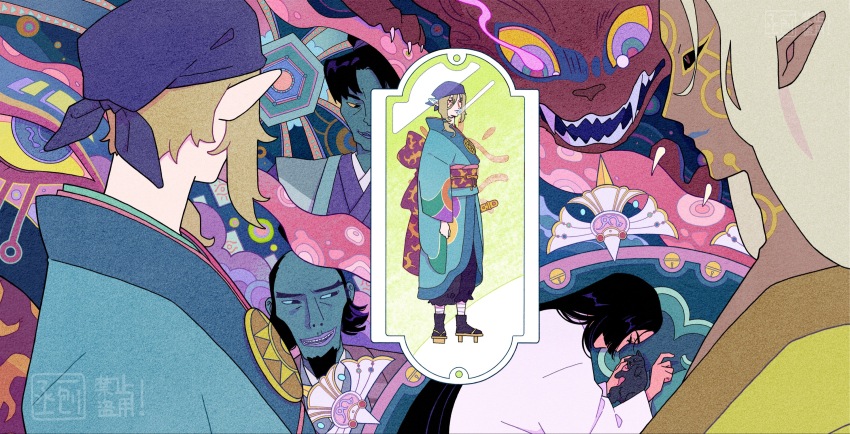 1girl, 4boys, abstract, ayakashi:_japanese_classic_horror, baby_animal, bakeneko, black_cat, black_sclera