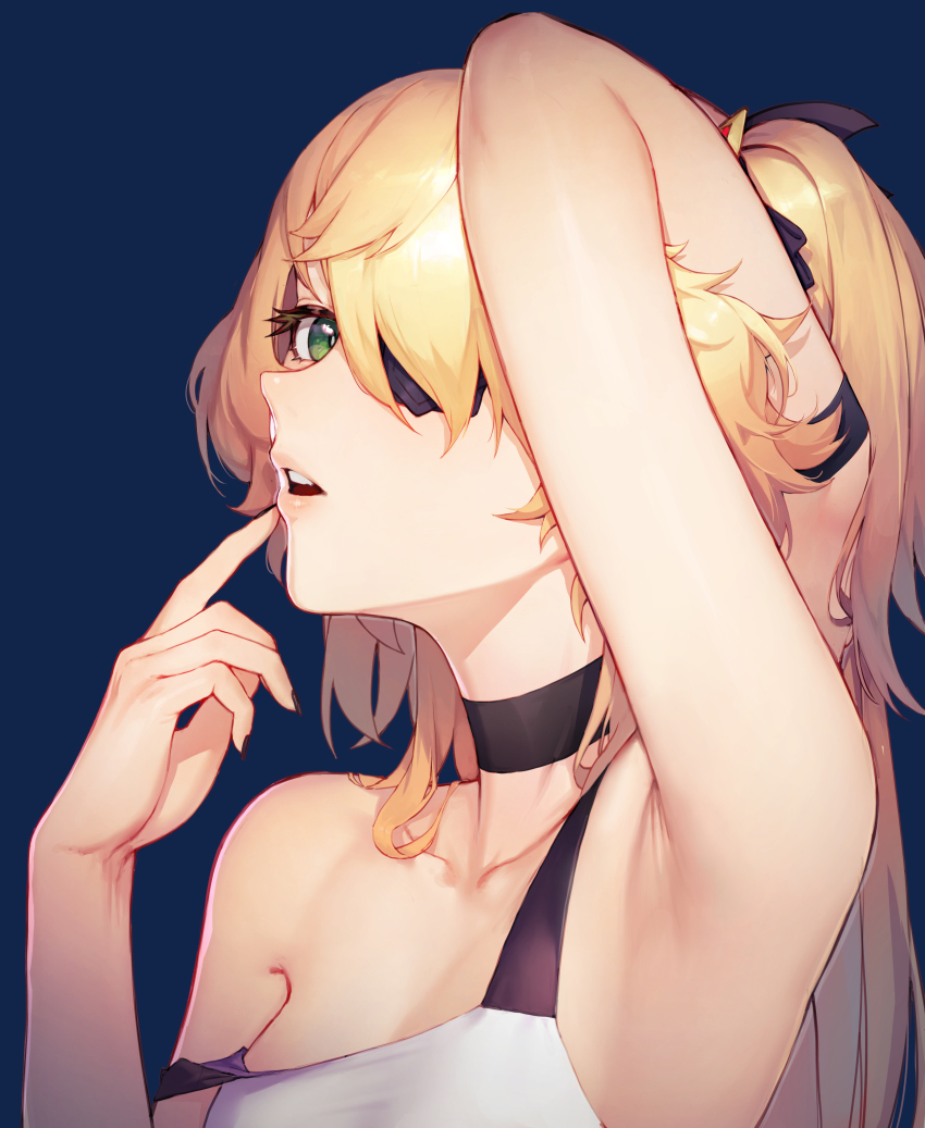 1girl, absurdres, alaskastomatoez, armpits, bare_shoulders, black_ribbon, blonde_hair, breasts