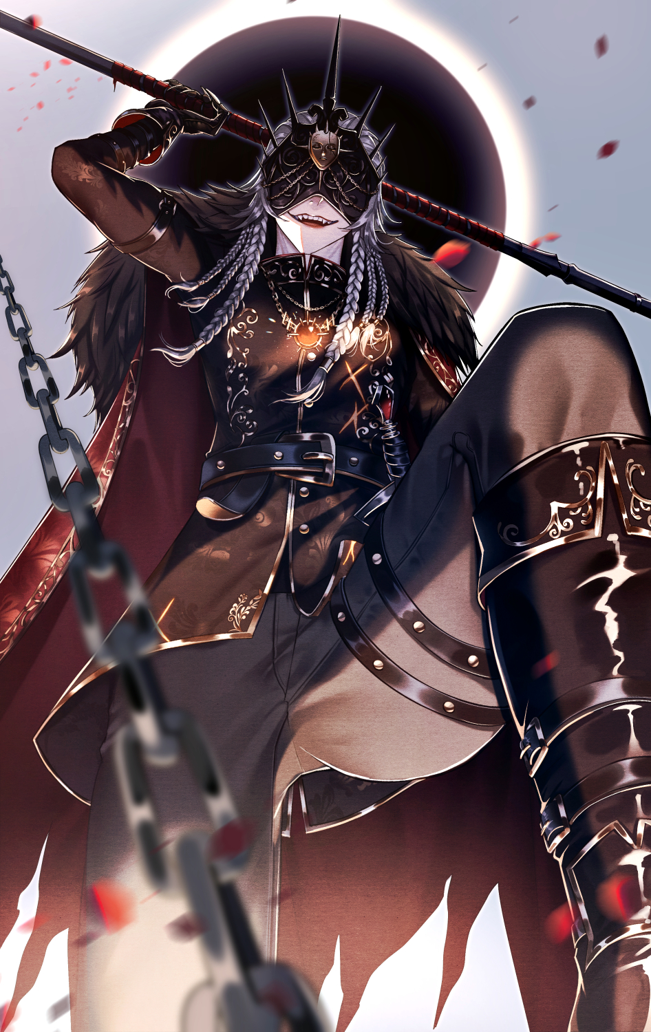 1boy, belt, belt_buckle, black_gloves, boots, braid, buckle, cape