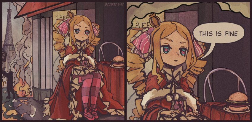 1girl, beatrice_(re:zero), blonde_hair, blue_eyes, burger, capelet, commission, dress, drill_hair, eiffel_tower, english_text, fire, food, full_body, hair_ribbon, highres, long_hair, meme, paris, re:zero_kara_hajimeru_isekai_seikatsu, red_dress, ribbon, sitting, smoke, striped_clothes, striped_thighhighs, symbol-shaped_pupils, thighhighs, this_is_fine_(meme), twin_drills, zas_(cortashy)