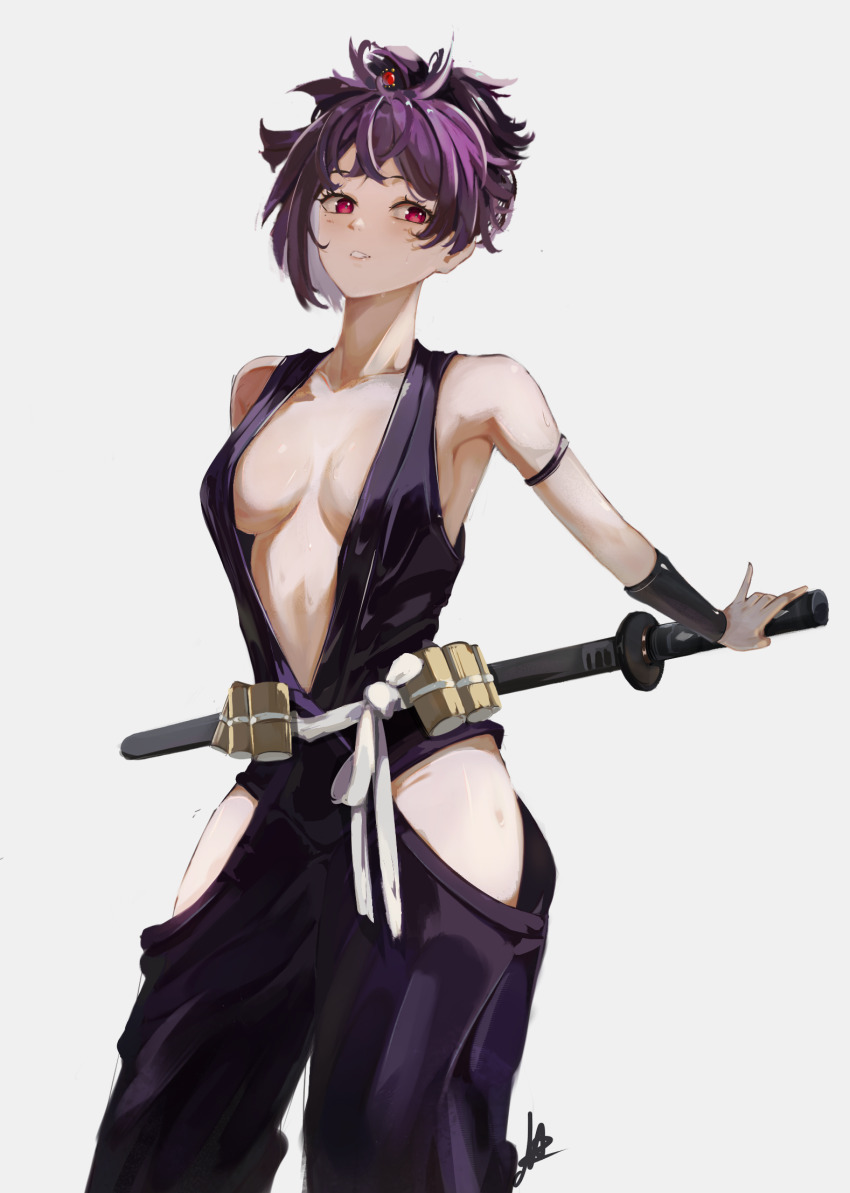 1girl, arm_strap, bandaged_wrist, bandages, bare_shoulders, black_robe, breasts, breasts_apart, clothing_cutout, commentary, dizzen, grey_background, highres, hip_vent, japanese_clothes, jigokuraku, katana, looking_to_the_side, medium_breasts, mole, mole_under_eye, ninja, ninjatou, parted_lips, purple_hair, red_eyes, revealing_clothes, robe, sash, sheath, sheathed, short_hair, short_sword, signature, simple_background, solo, sword, topknot, weapon, white_sash, wrist_guards, yuzuriha_(jigokuraku)