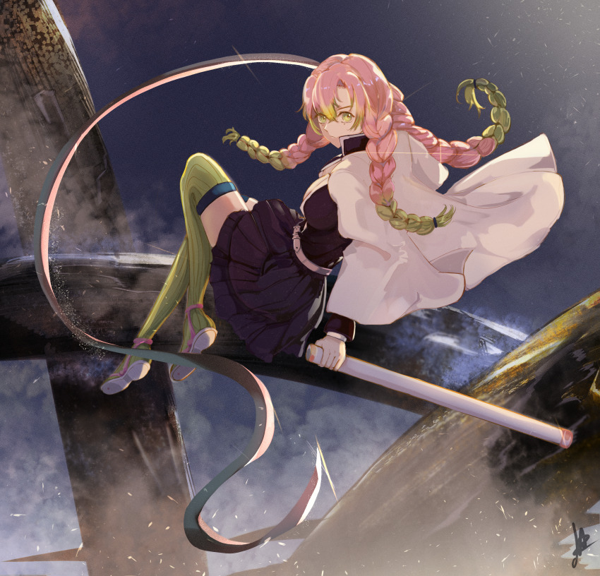 1girl, absurdres, belt, black_jacket, black_skirt, branch, breasts, closed_mouth