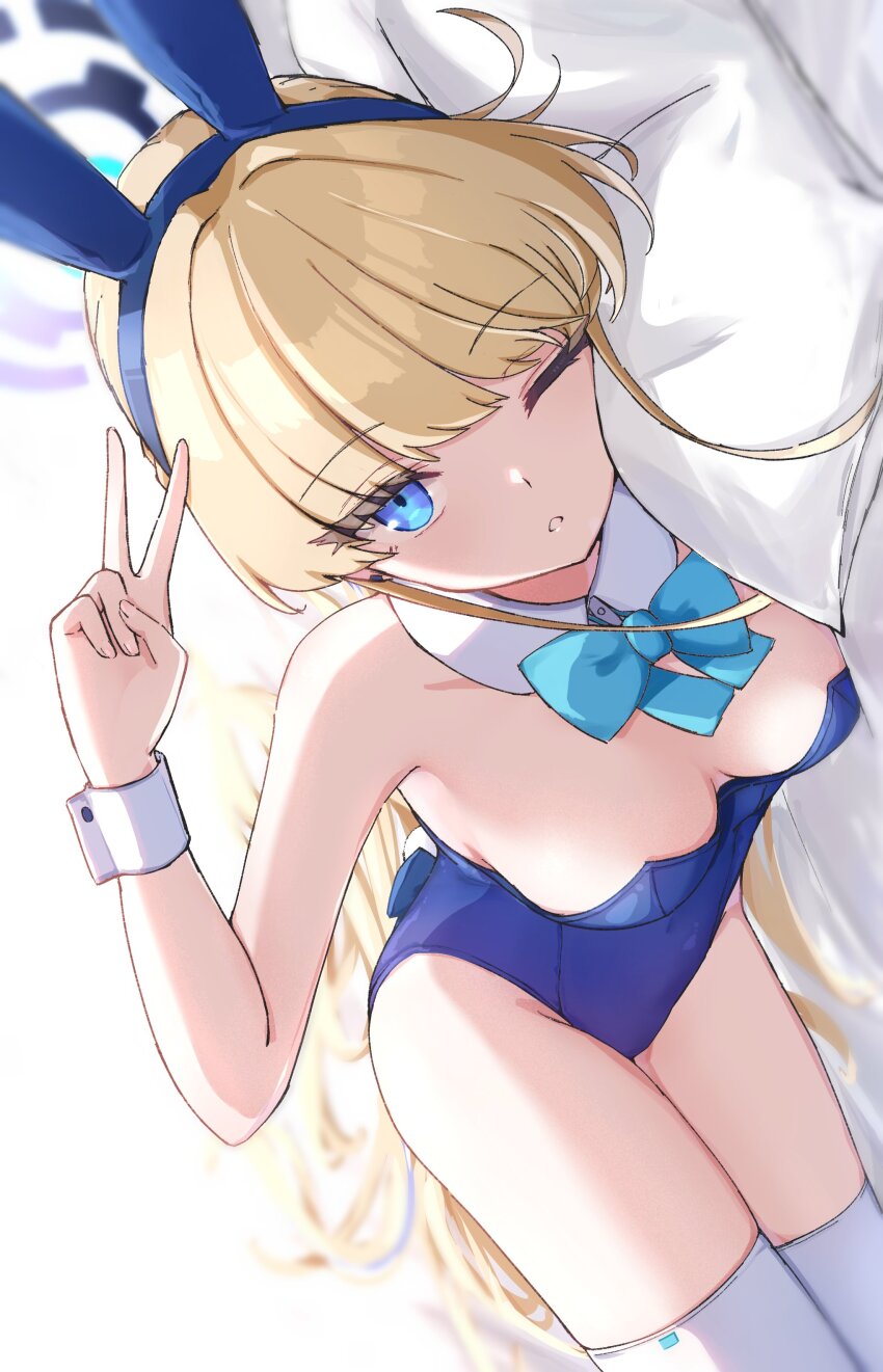 1girl, absurdres, bed, blonde_hair, blue_archive, blue_eyes, blue_leotard, blue_ribbon